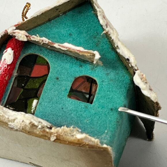 Vtg Japan Glitter House Ornaments Lot of 2 Cardboard Putz Style Christmas Decor - Picture 9 of 13